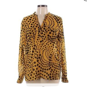 NEW DIRECTION Gold Black Polka Dot Geo Print Sheer Top Size Medium